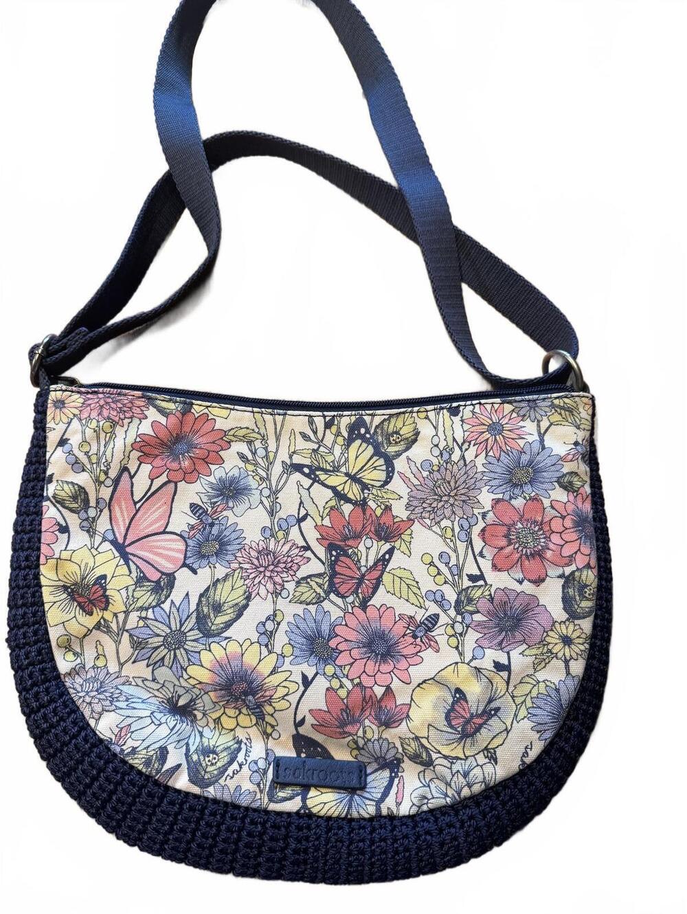 Sakroot Navy Blue Butterfly Floral Print Crochet Bag *note